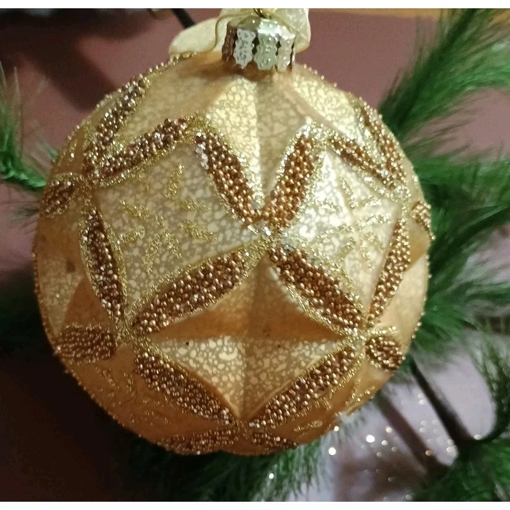 Pair Of Frontgate Large Christmas Gold Glitter‎ Beaded Round Ornaments 4.5